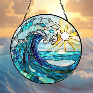 Ocean Wave Stained Glass Suncatcher: Coastal Beach Decor